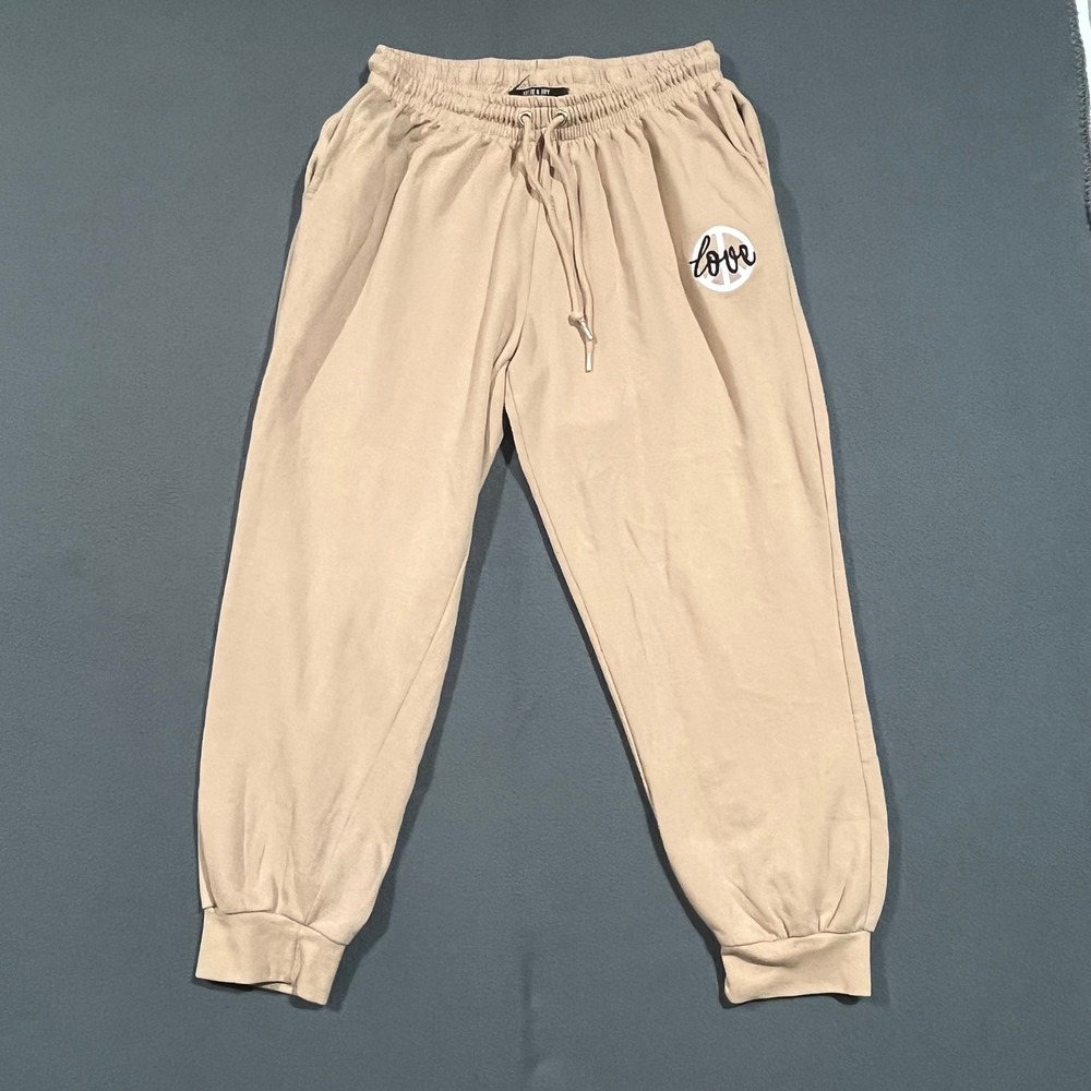 Jolie & Joy Womens L Beige Love Graphic Sweatpants Joggers Pants Cozy Winter